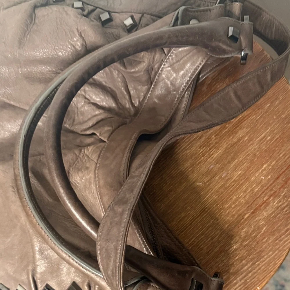 Treesje Dark Greige Leather Hobo Bag Stud Accents